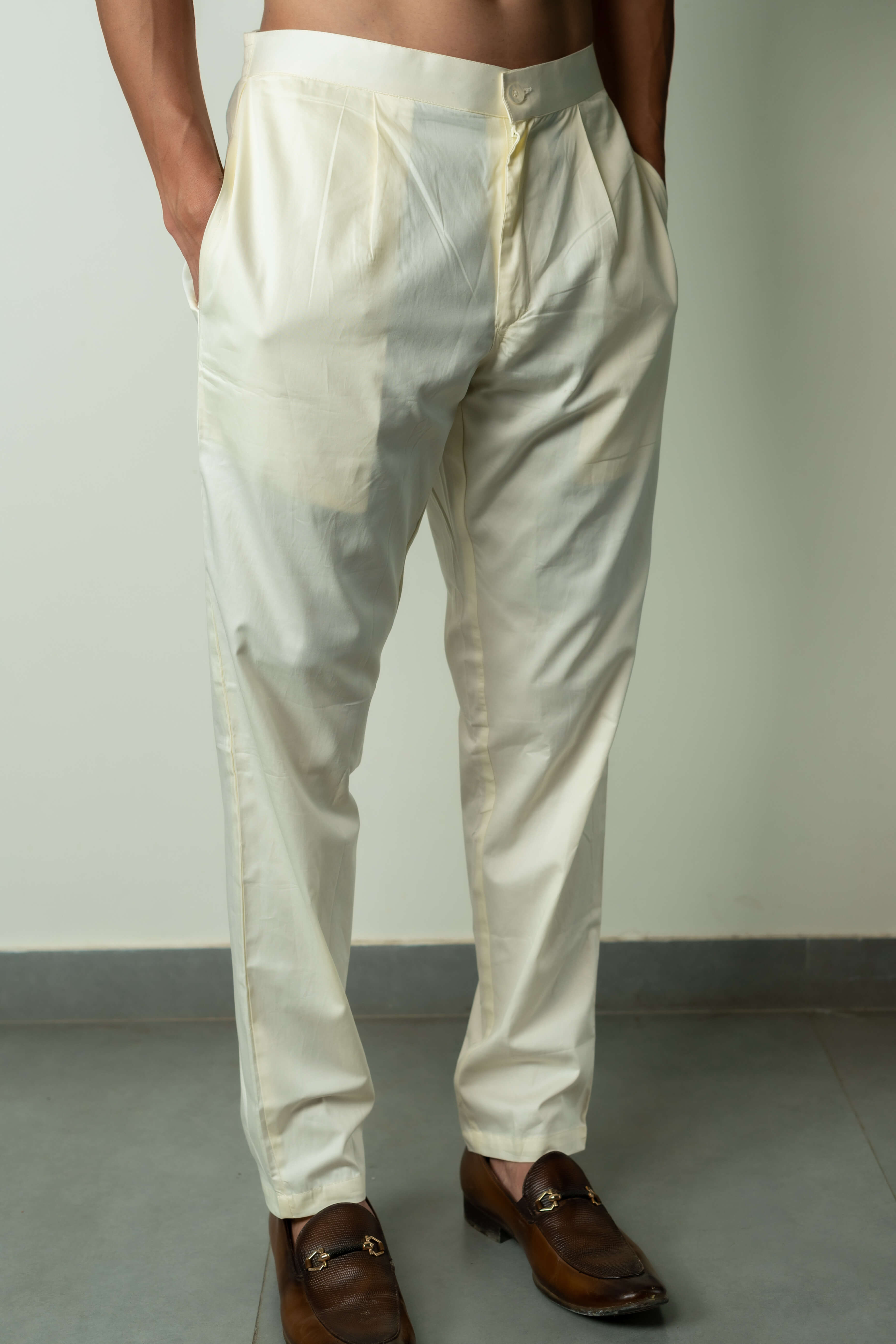 The Cream Color Pant Style Pajama for Men With Partially Elasticated Waist M