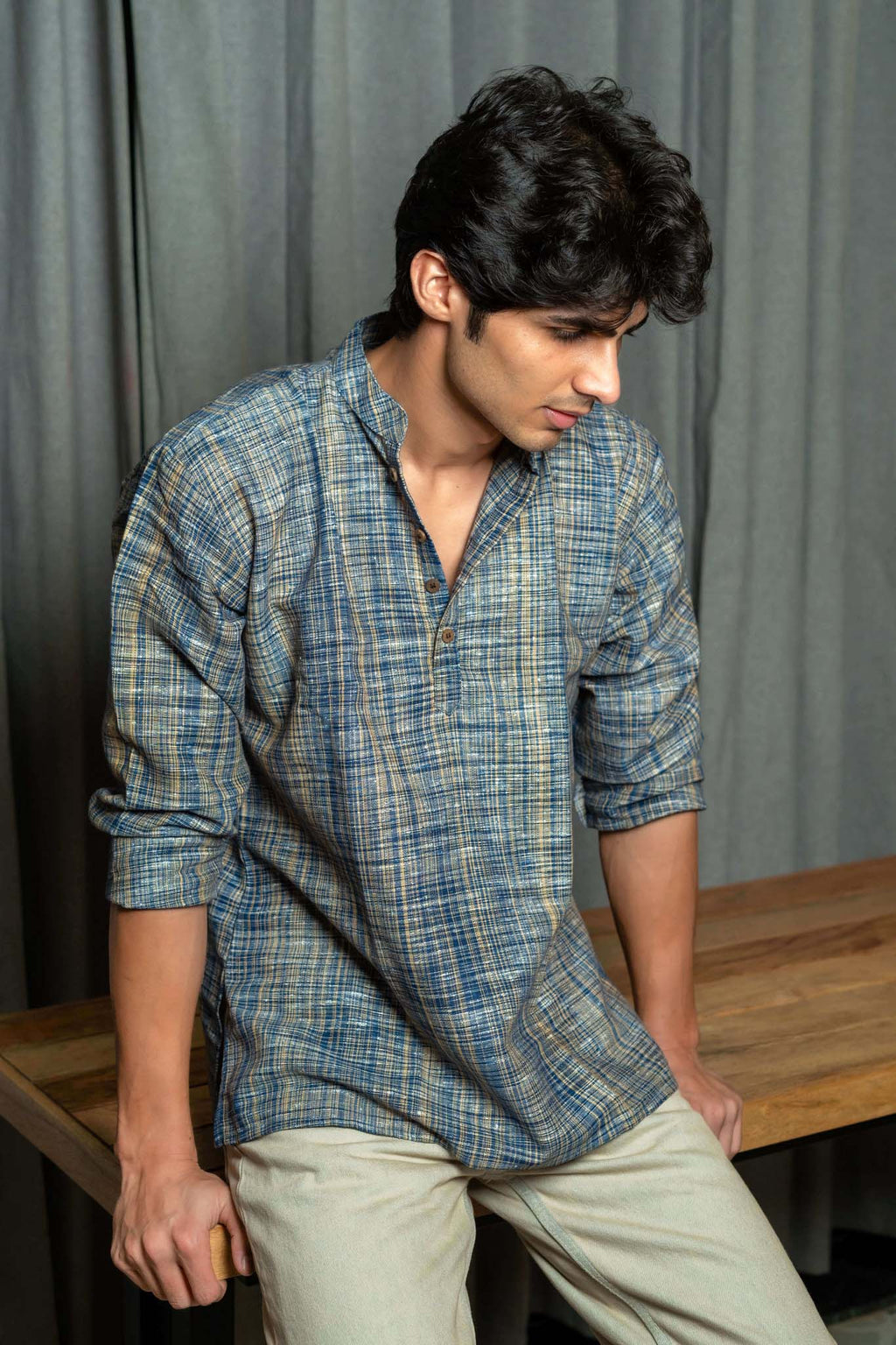 The Rustic Handwoven Short Kurta in Marble Blue and Light Brown Color