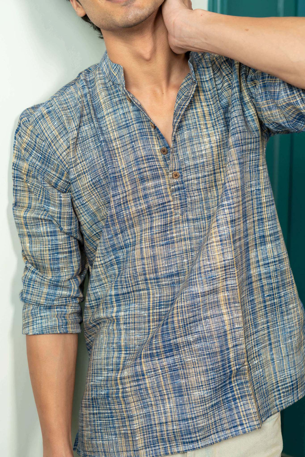 The Rustic Handwoven Short Kurta in Marble Blue and Light Brown Color