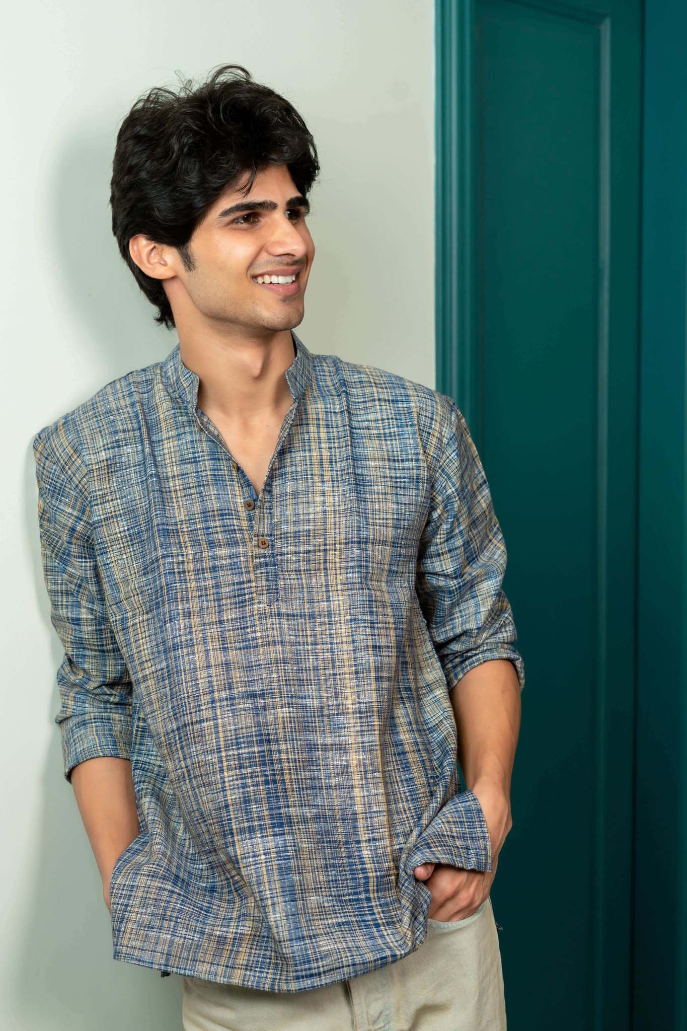 The Rustic Handwoven Short Kurta in Marble Blue and Light Brown Color
