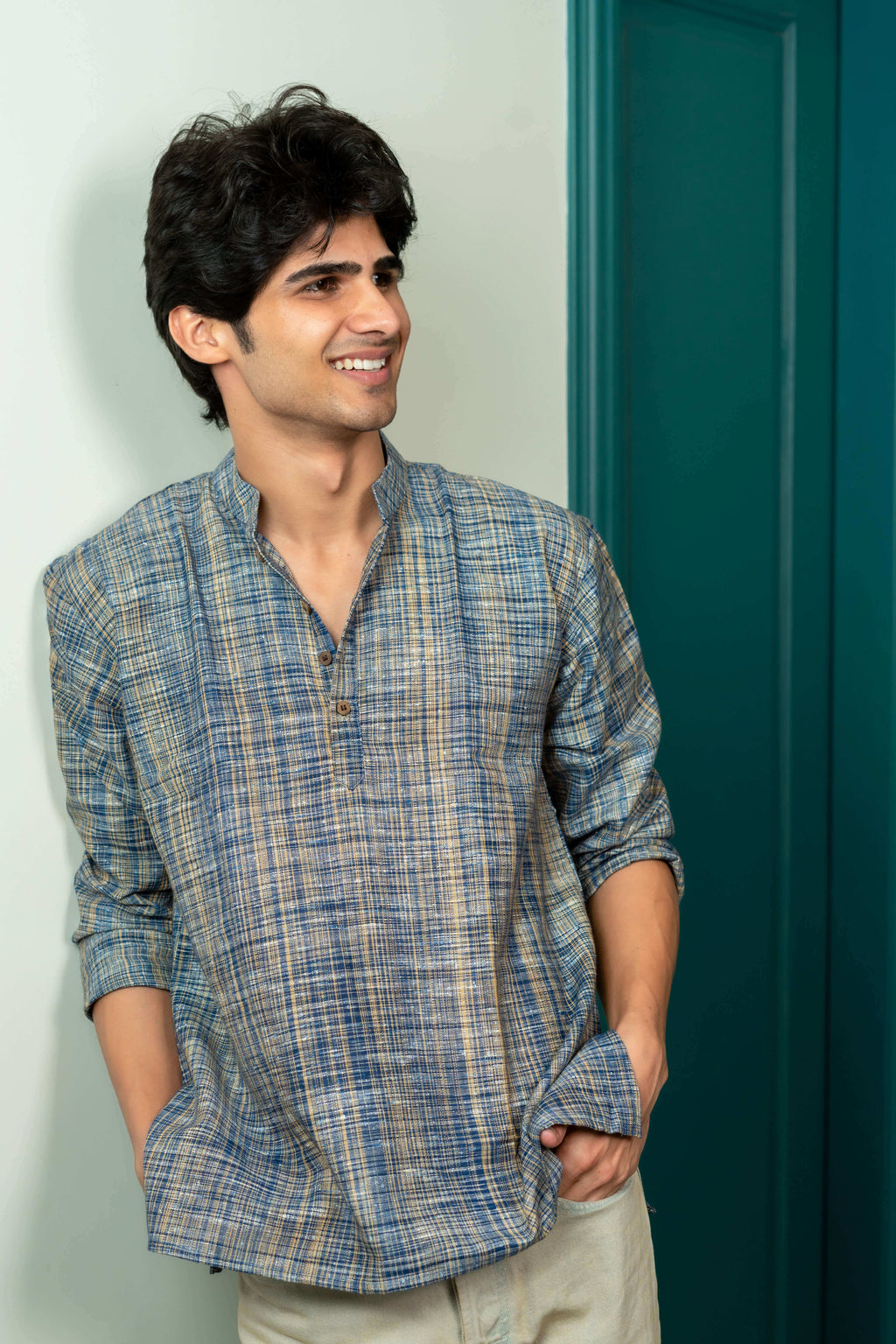 The Rustic Handwoven Short Kurta in Marble Blue and Light Brown Color