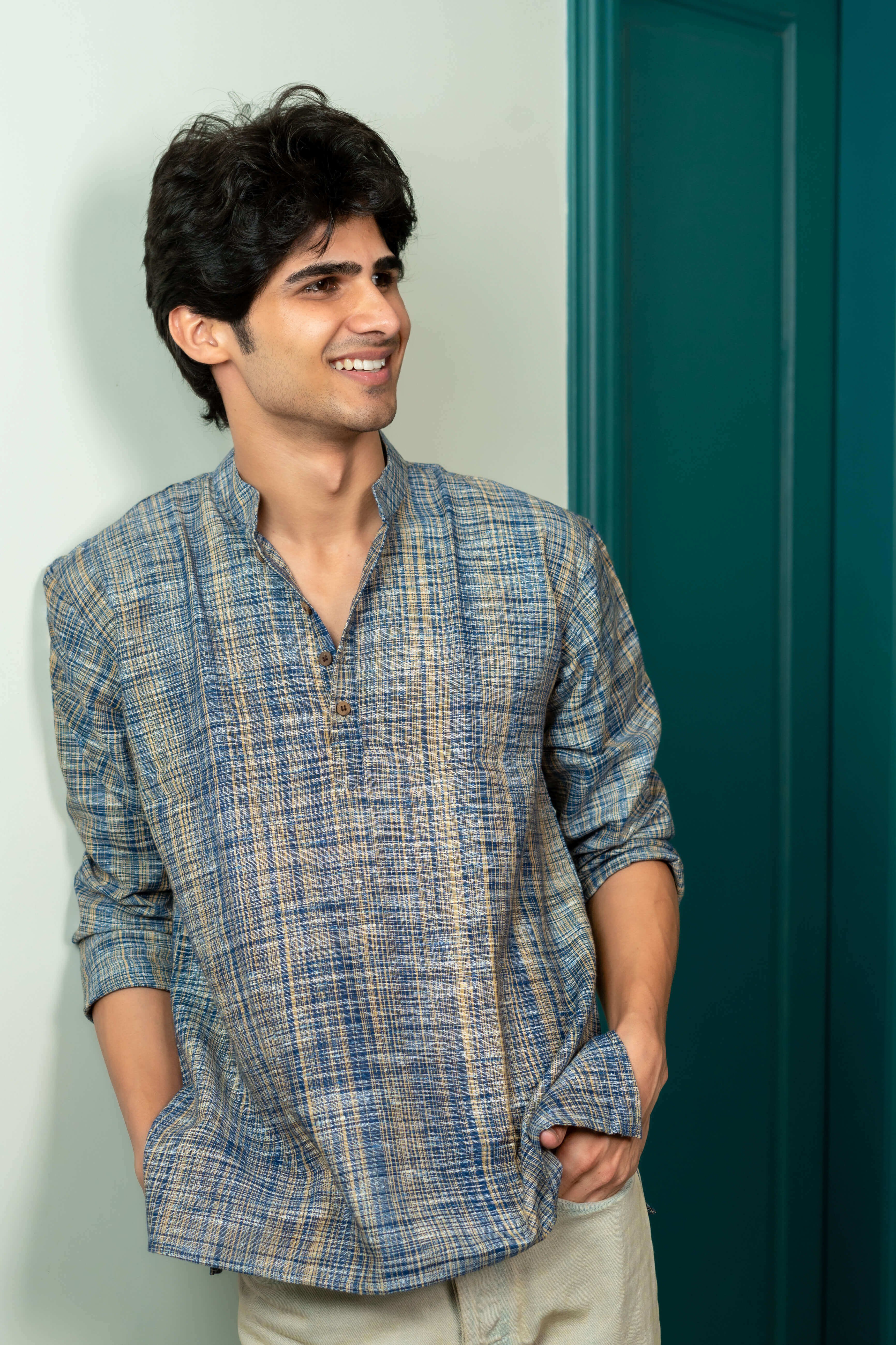 The Rustic Handwoven Short Kurta in Marble Blue and Light Brown Color