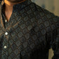 Close Up View of Muslin Black Long Kurta with Brown and White Geometric Print