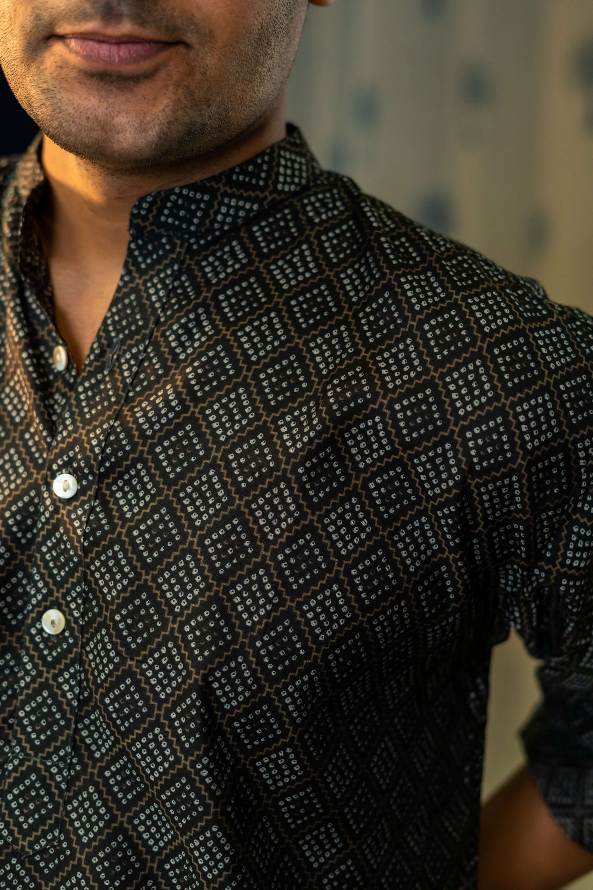 Close Up View of Muslin Black Long Kurta with Brown and White Geometric Print
