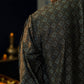 Black Long Kurta for Men with a Geometric Print Close Up View from Back