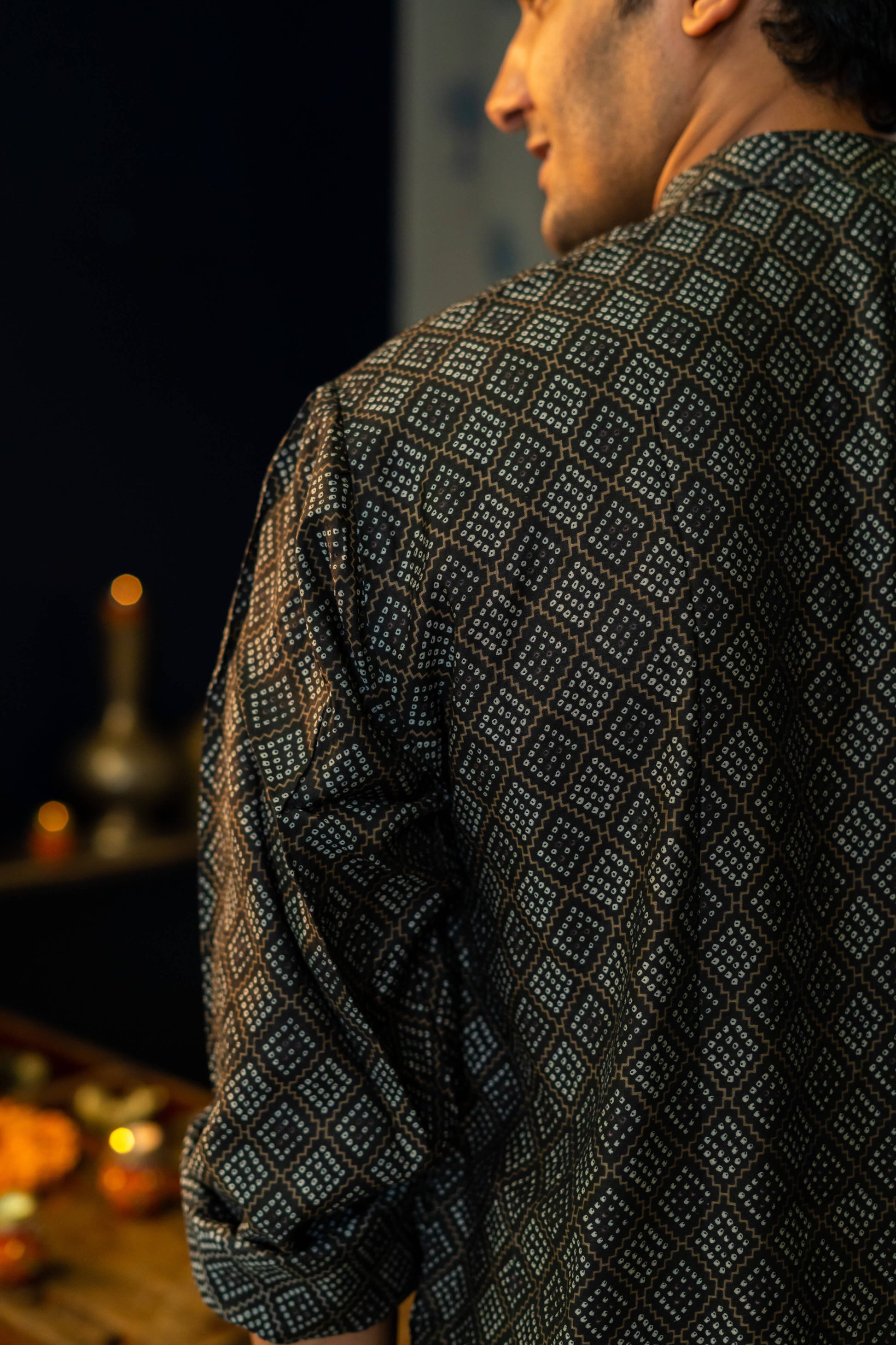 Black Long Kurta for Men with a Geometric Print Close Up View from Back