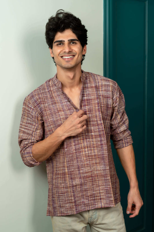The Rustic Handwoven Short Kurta in Reddish Grey and Light Brown Color