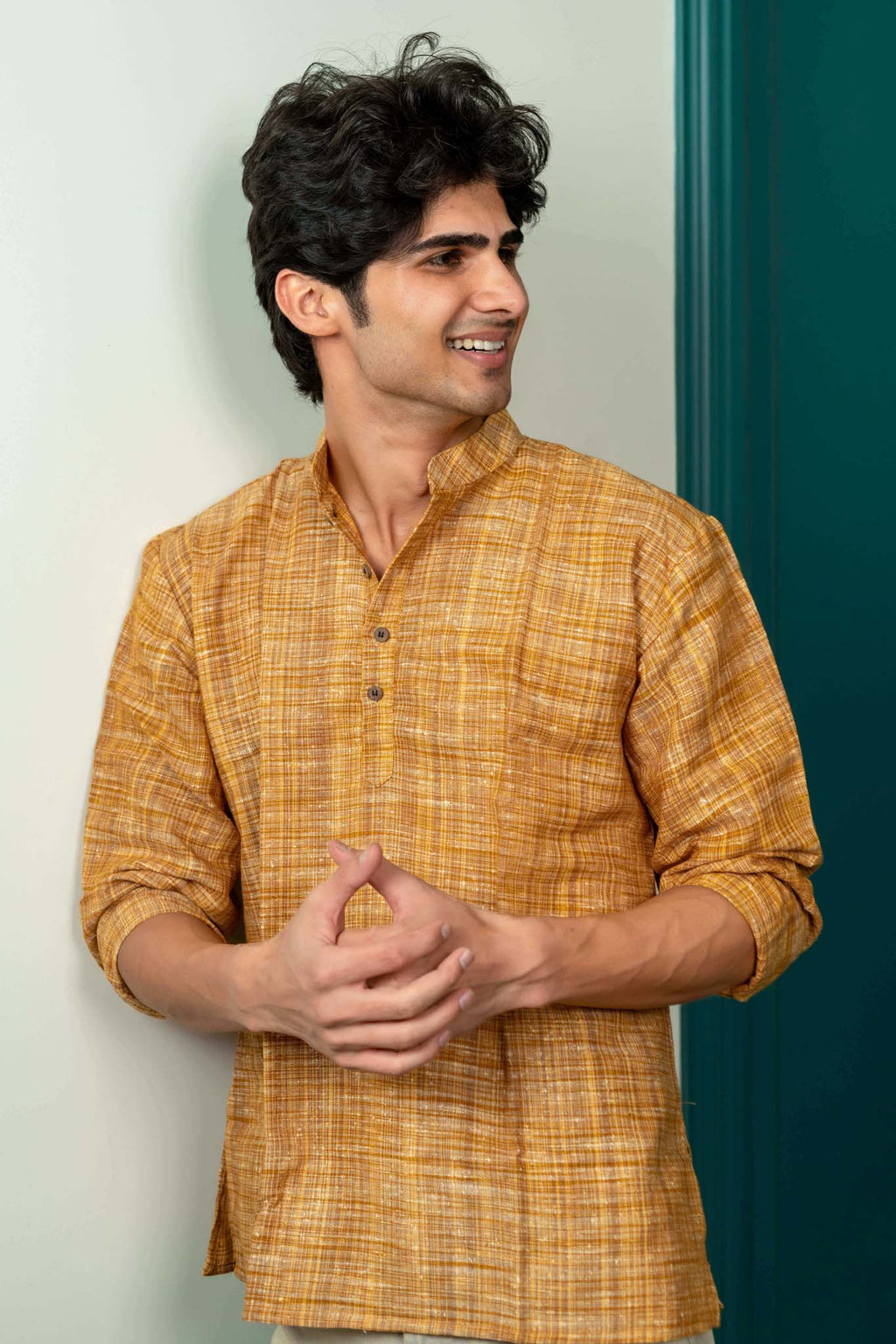 The Rustic Handwoven Short Kurta in Yellowish Orange and Light Brown Color