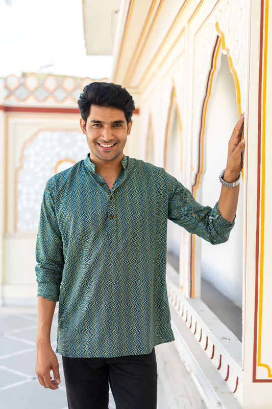 Indian Man Wearing Men's Green Short Kurta