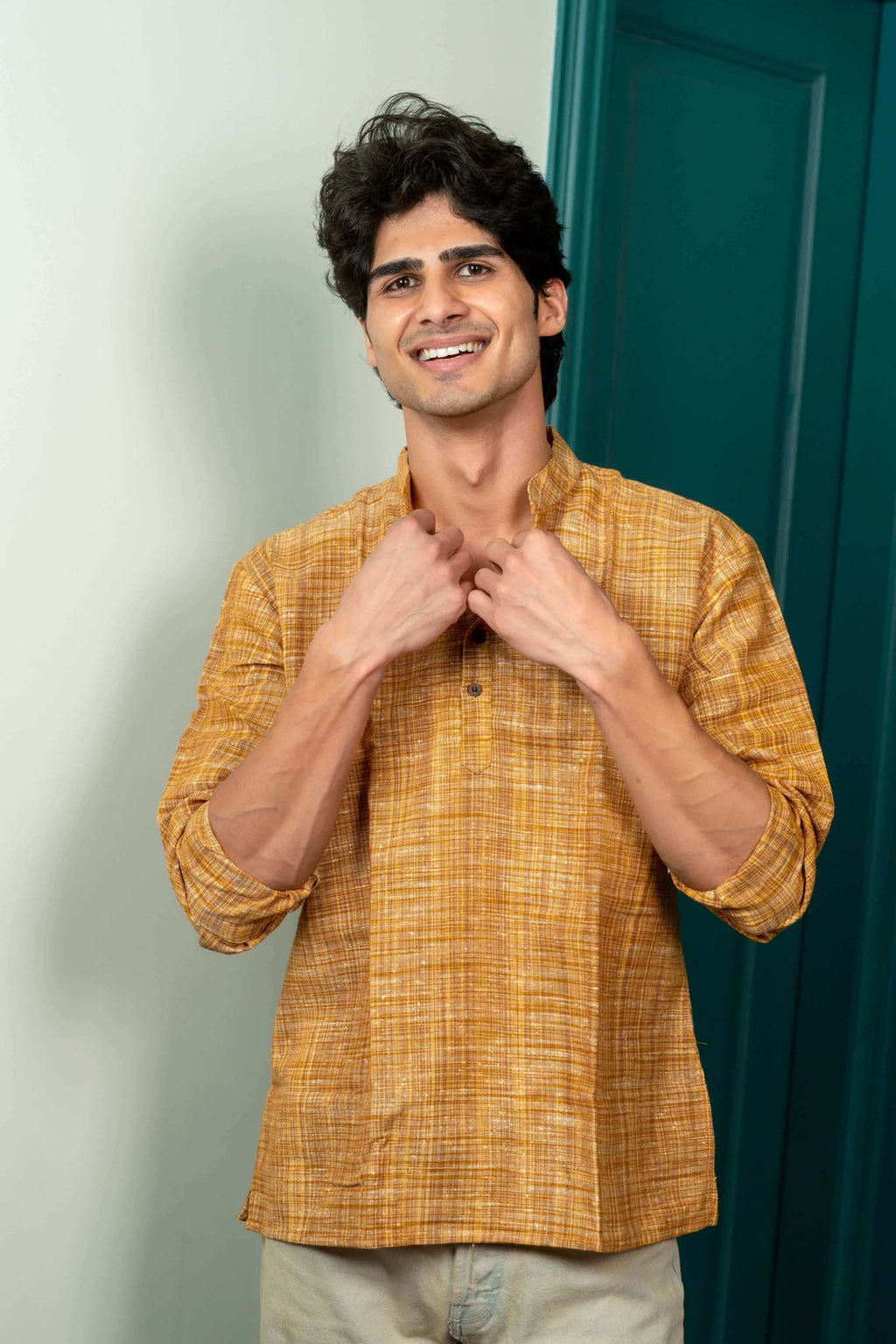 The Rustic Handwoven Short Kurta in Yellowish Orange and Light Brown Color