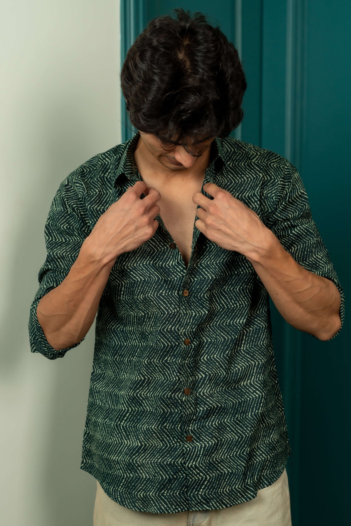The Jungle Green Shirt With White Zig-Zag Print