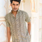 Off-White And Olive Green Tribal Print Shirt (Half Sleeves)