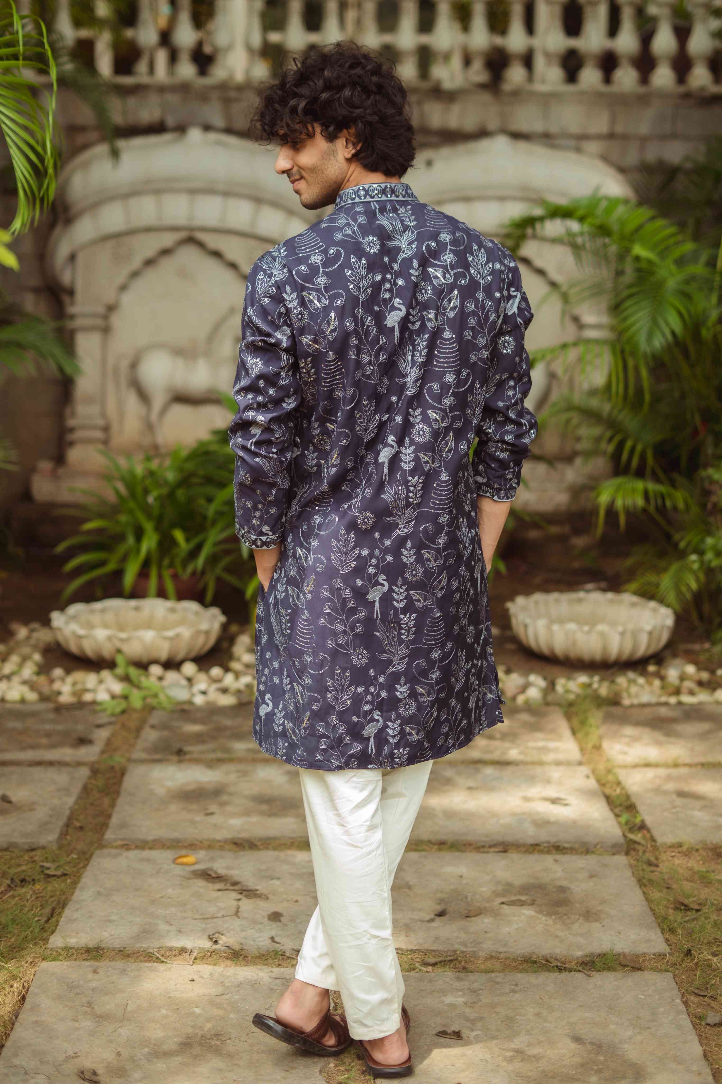 The Navy Blue Floral Work Long Kurta