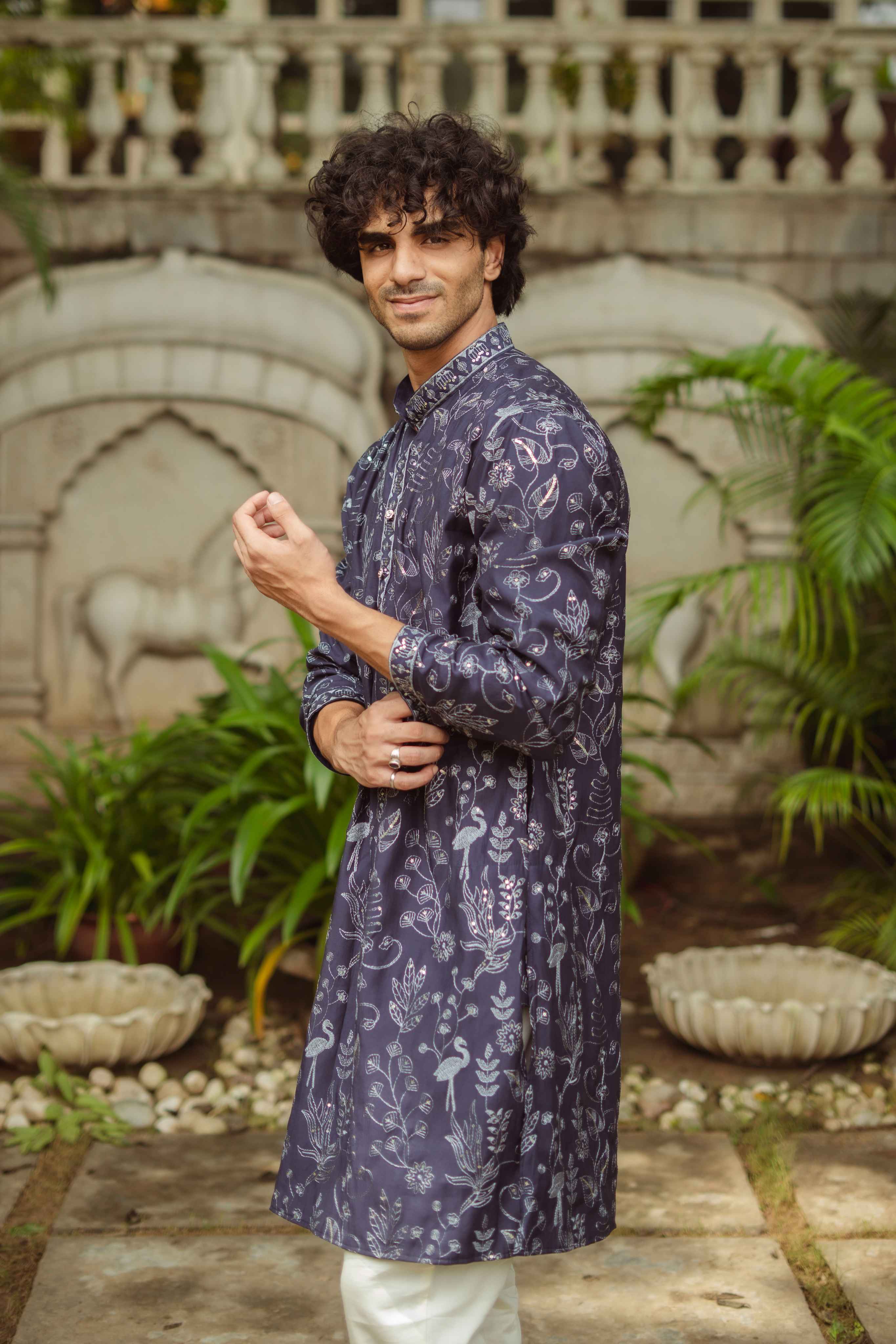 The Navy Blue Floral Work Long Kurta