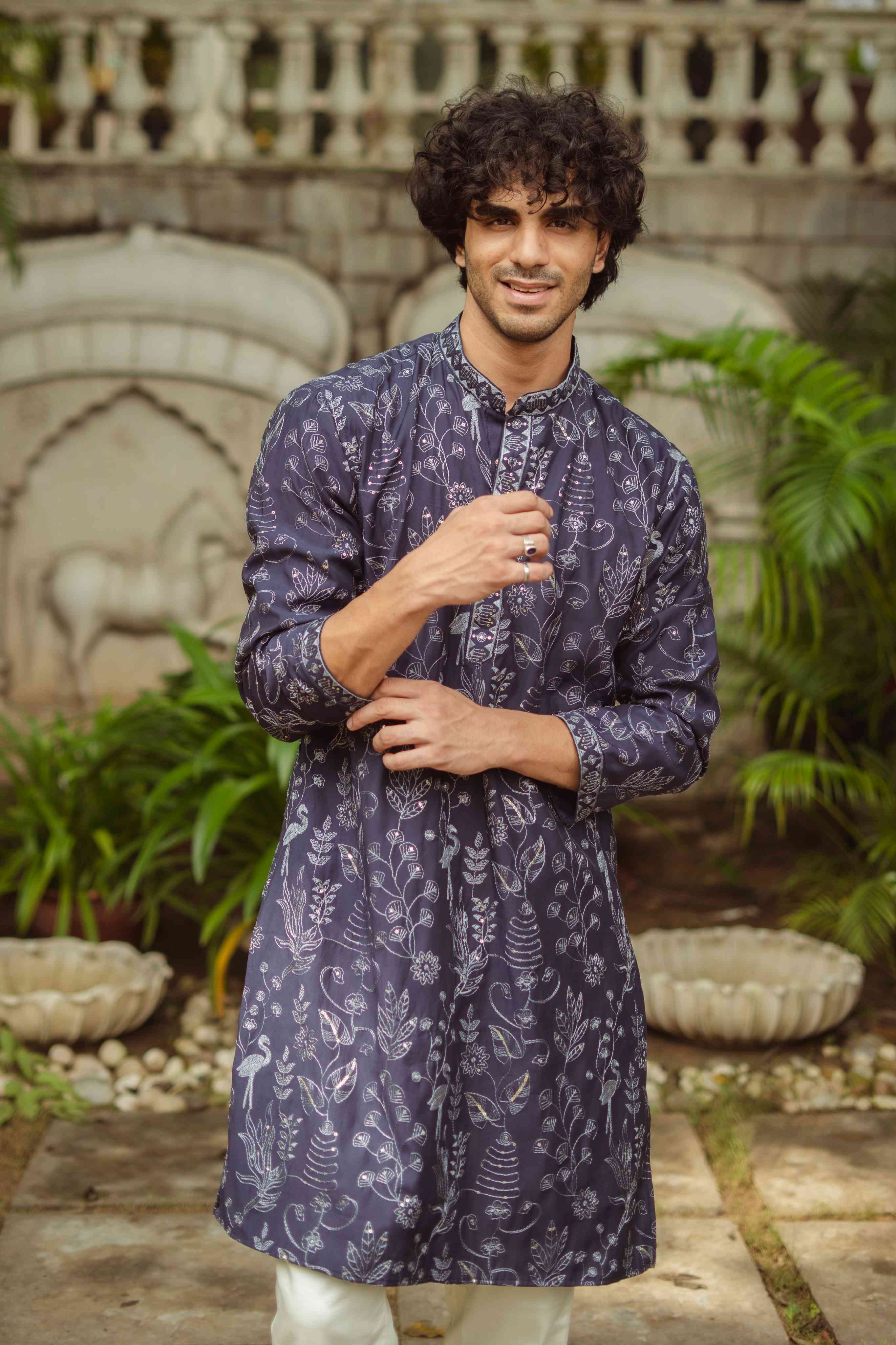The Navy Blue Floral Work Long Kurta