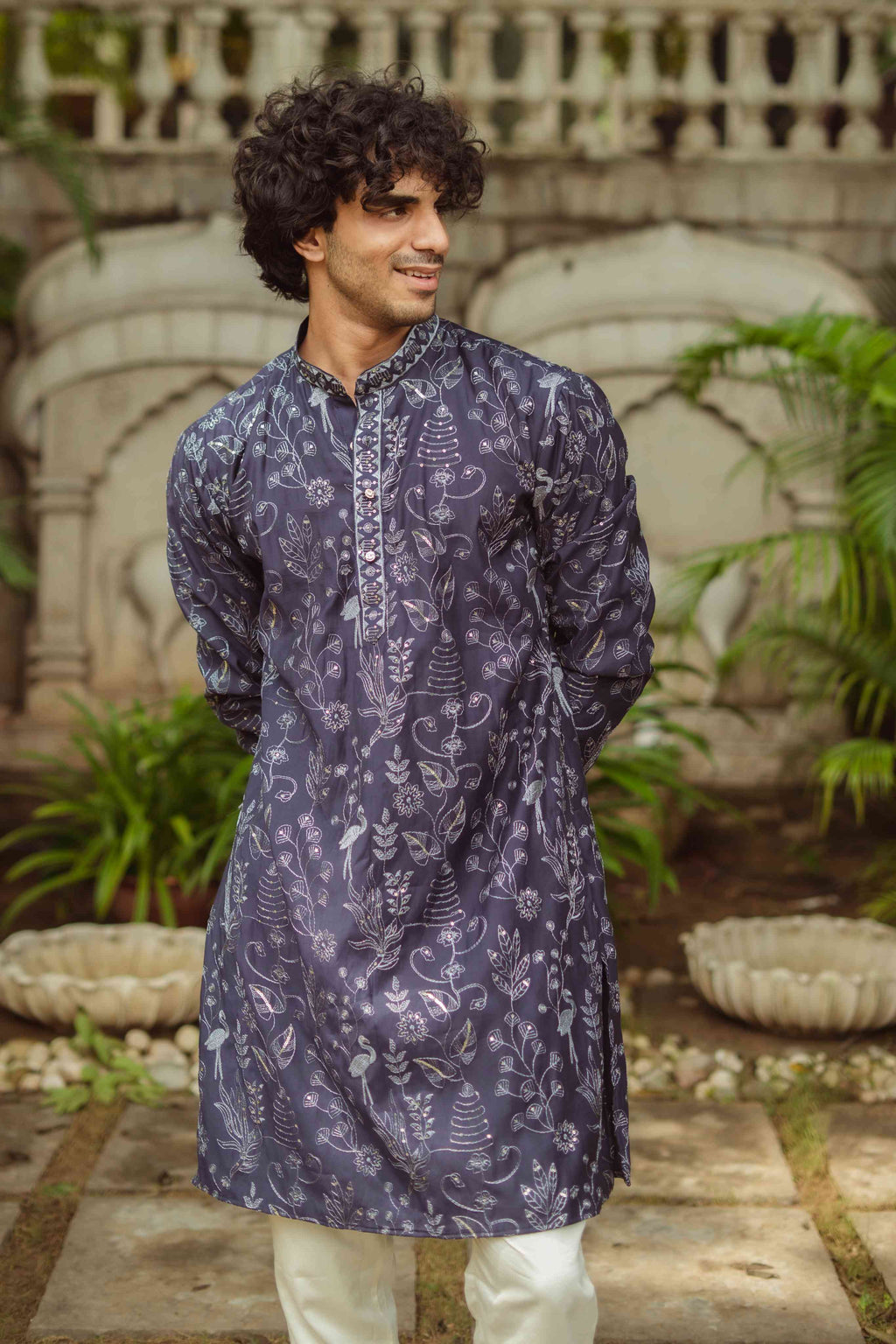 The Navy Blue Floral Work Long Kurta