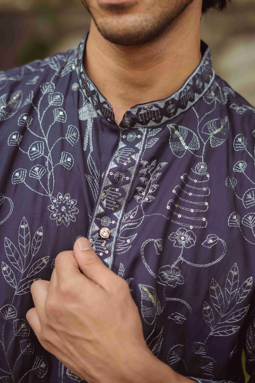 The Navy Blue Floral Work Long Kurta