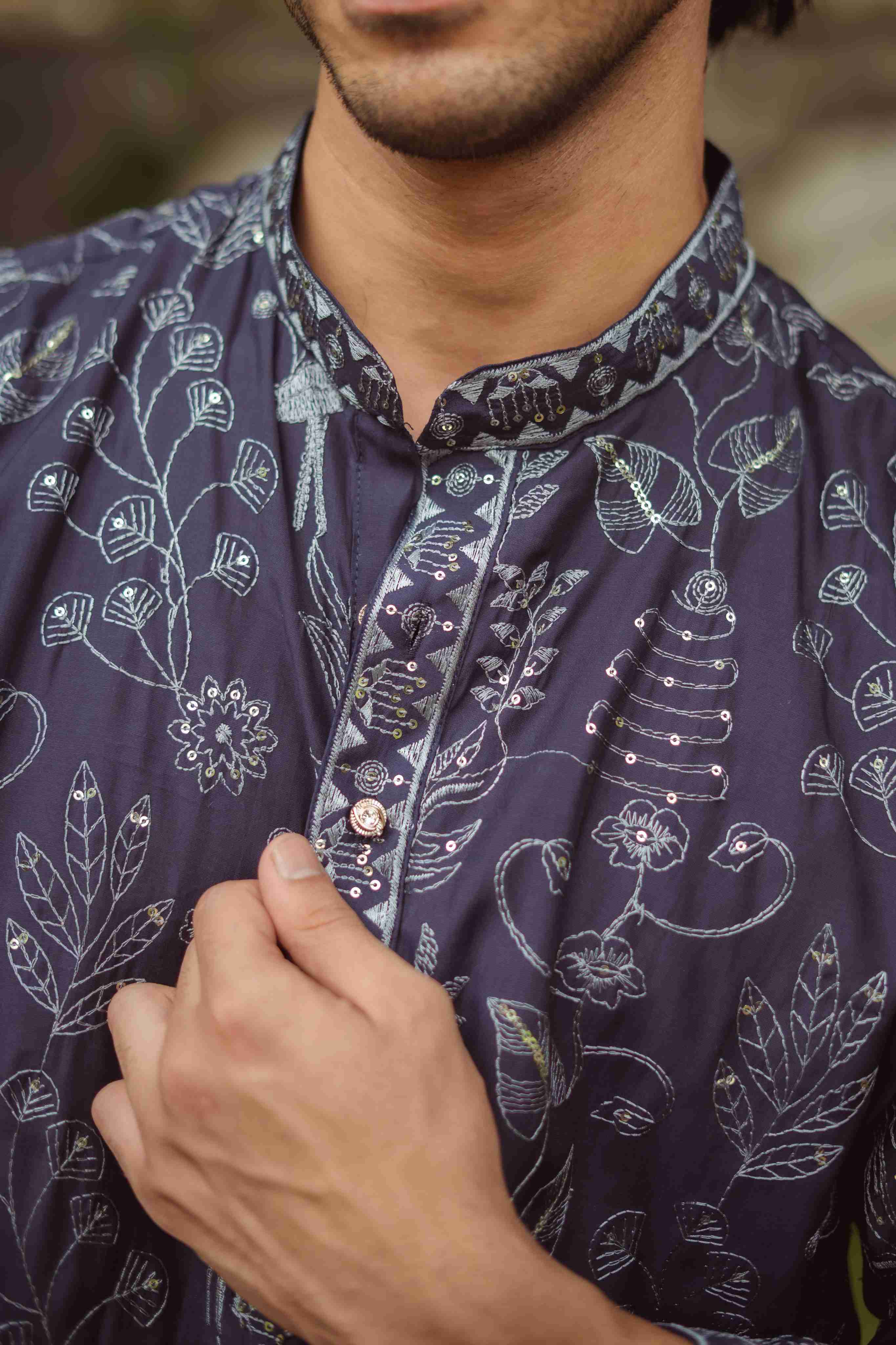 The Navy Blue Floral Work Long Kurta