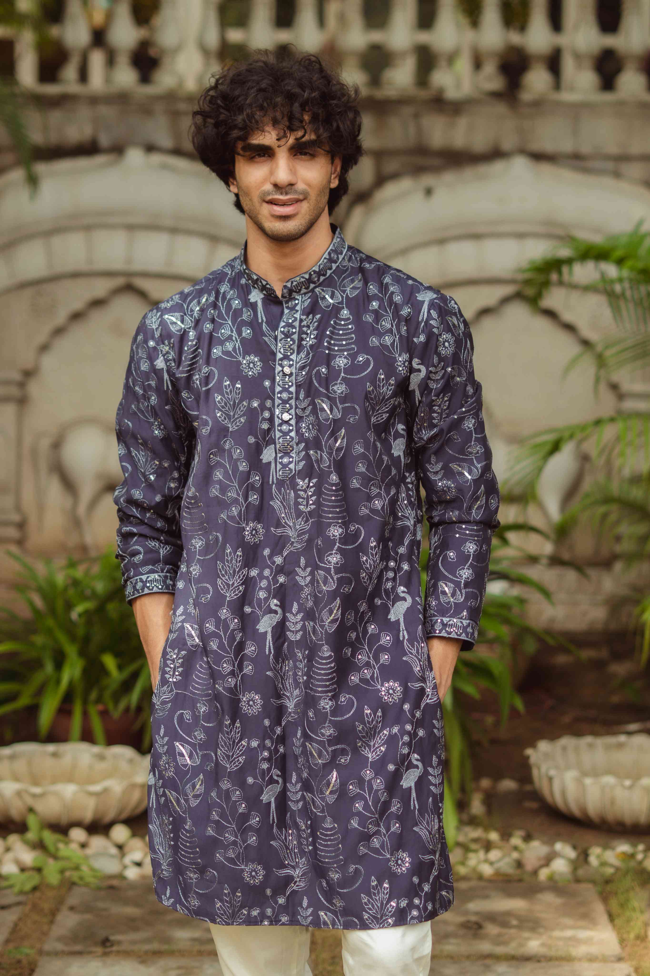 The Navy Blue Floral Work Long Kurta