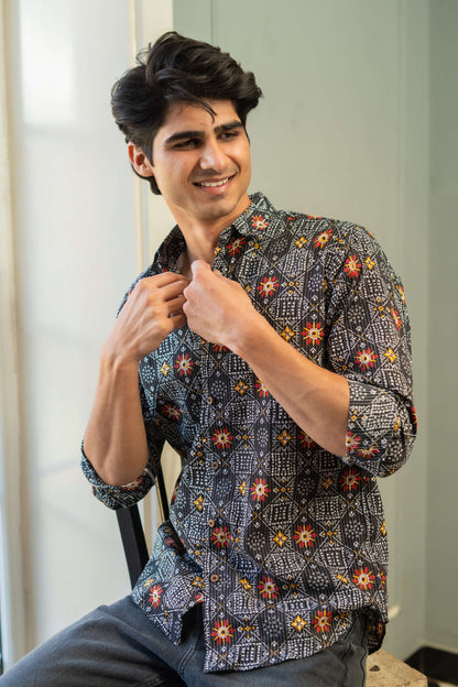 The Black And White Kantha Work Shirt With Tribal Print