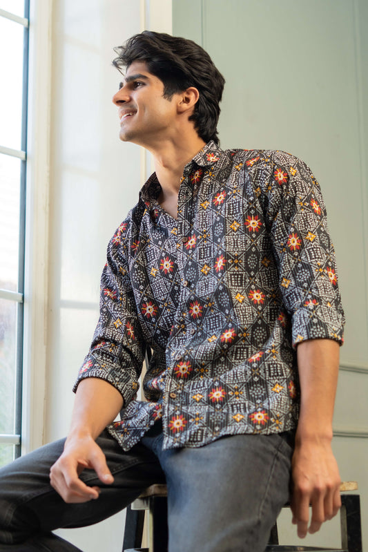 The Black And White Kantha Work Shirt With Tribal Print