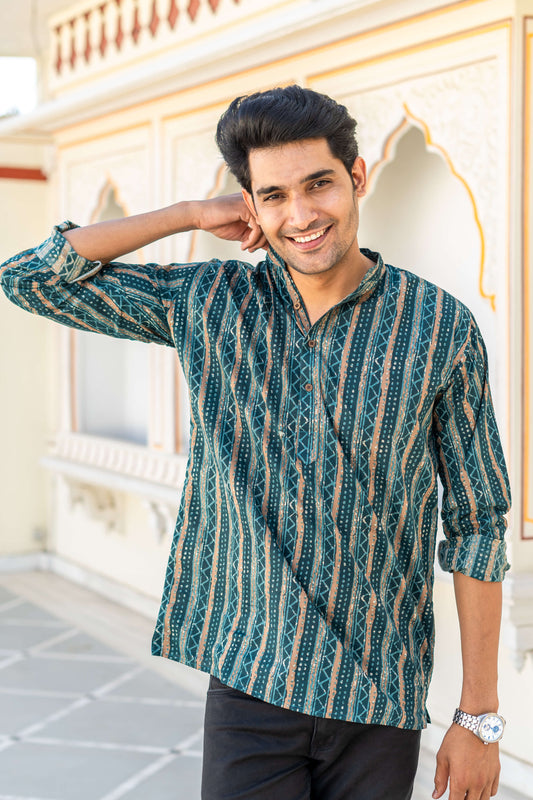 The Dark Green And Brown Tribal Stripe Print Short Kurta