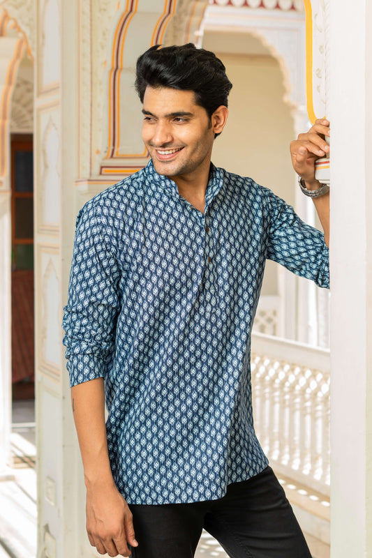 Navy blue short kurta for men