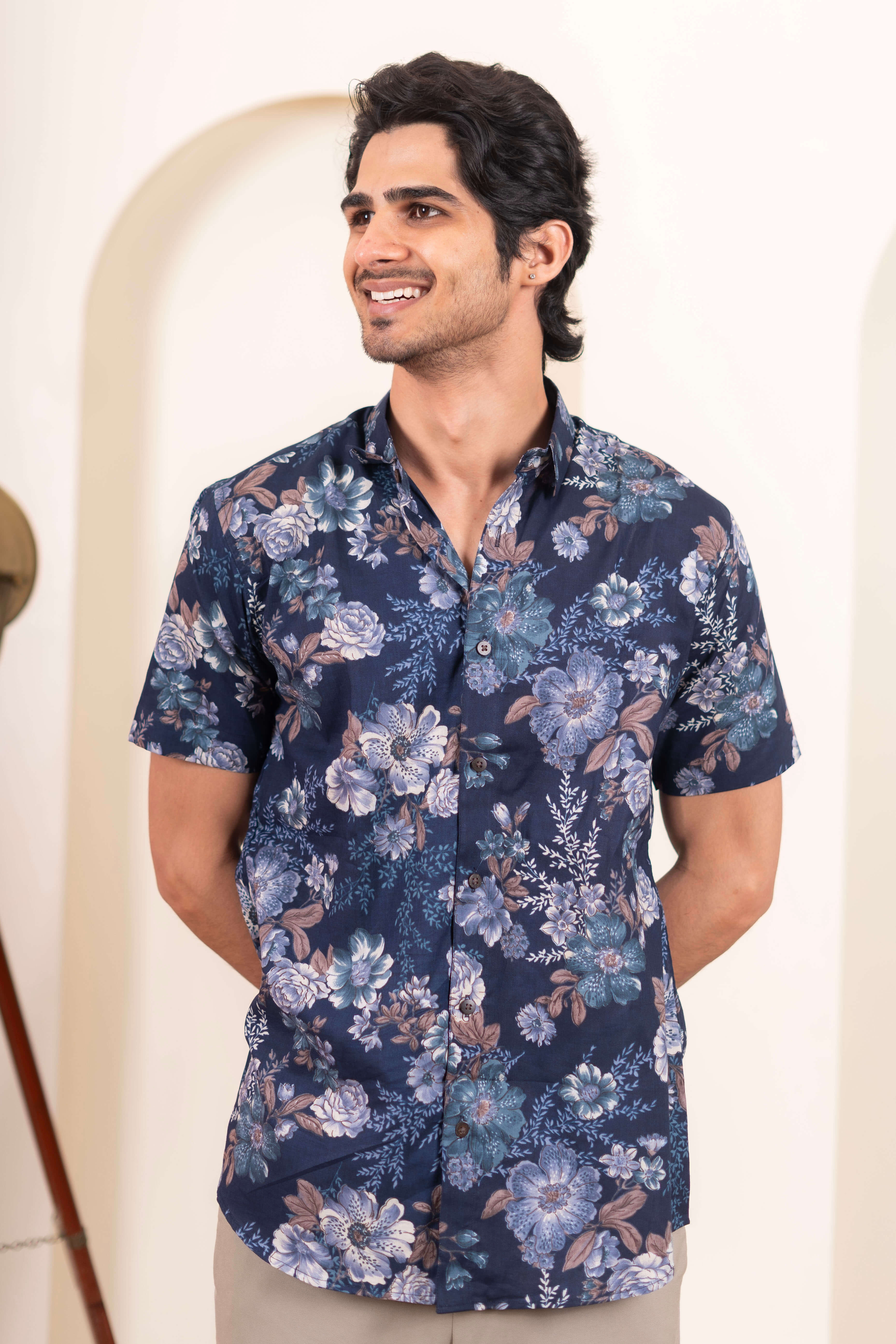 The Berry Blue Botanical Half Sleeve Shirt