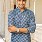 The Navy Blue Kantha Work Short Kurta With Geometric Ikat Print