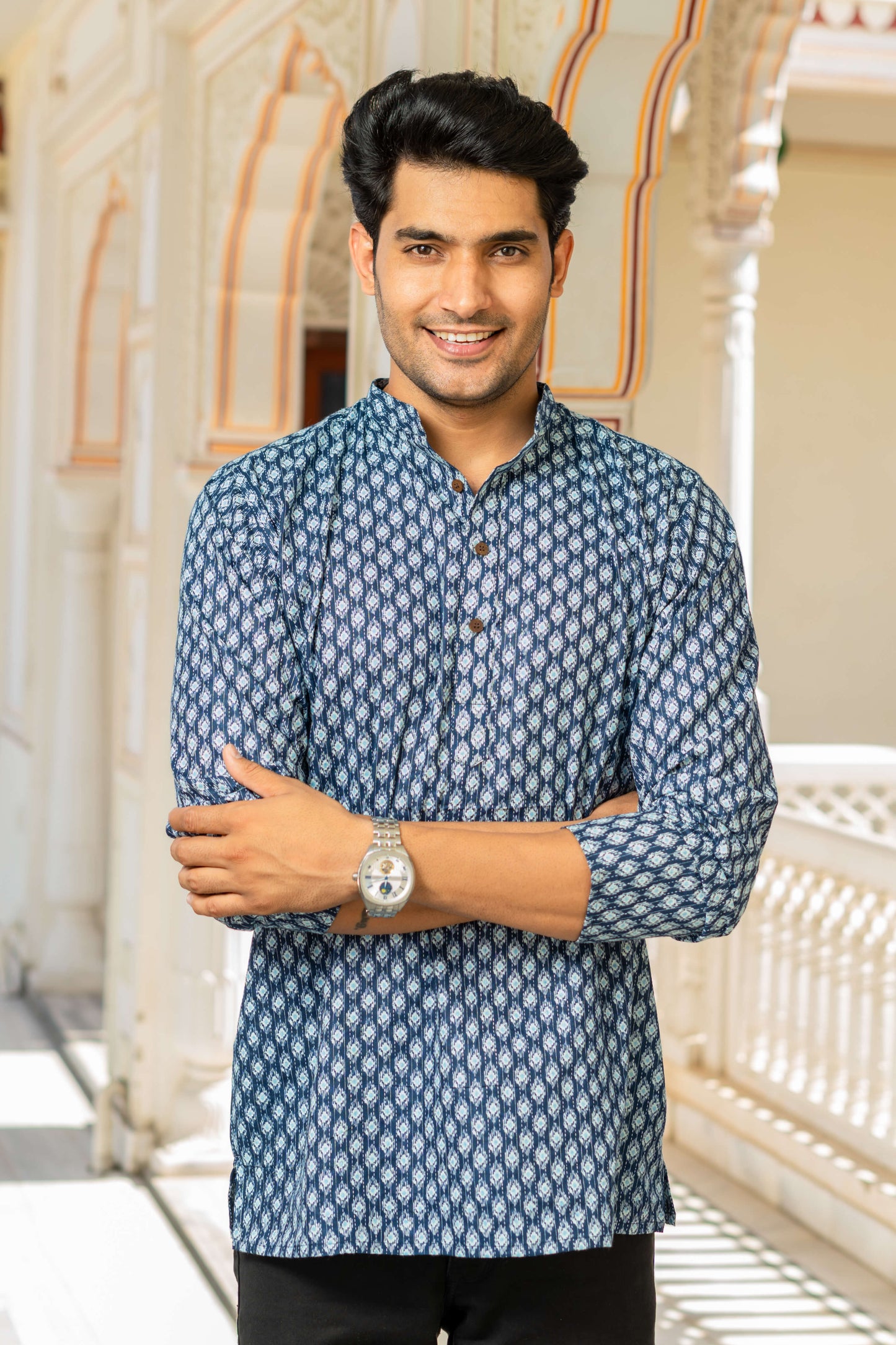 The Navy Blue Kantha Work Short Kurta With Geometric Ikat Print
