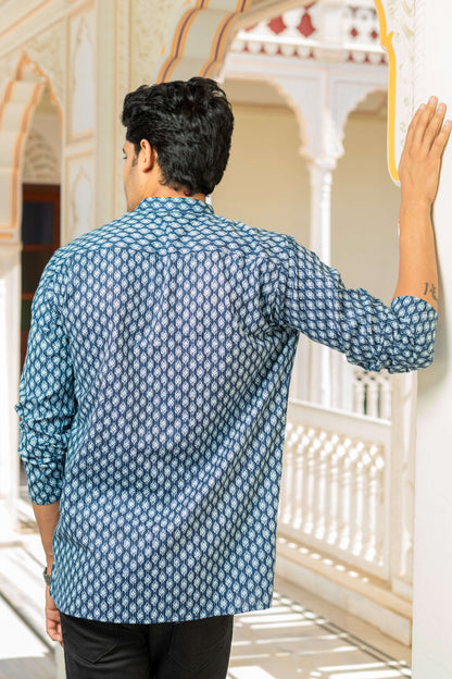 The Navy Blue Kantha Work Short Kurta With Geometric Ikat Print