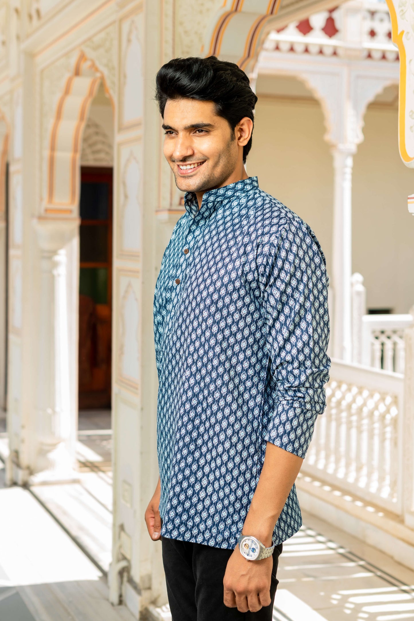 The Navy Blue Kantha Work Short Kurta With Geometric Ikat Print