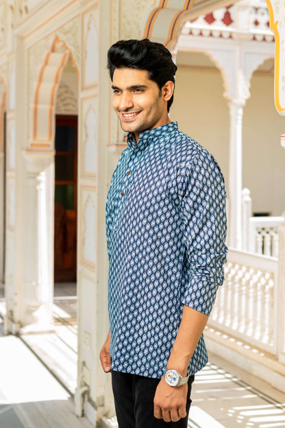 The Navy Blue Kantha Work Short Kurta With Geometric Ikat Print