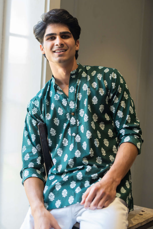 The Dark Green Short Kurta With White Flower Print