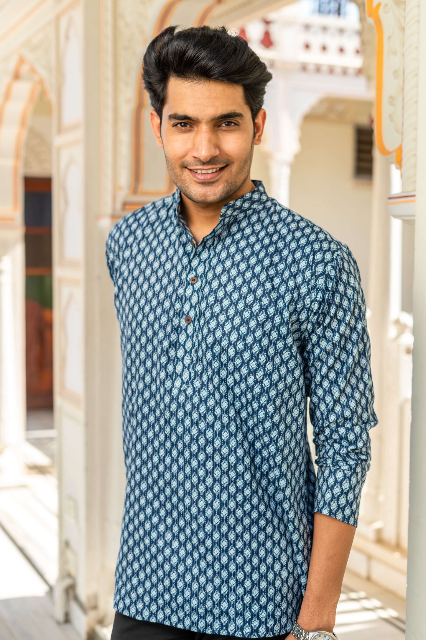 The Navy Blue Kantha Work Short Kurta With Geometric Ikat Print