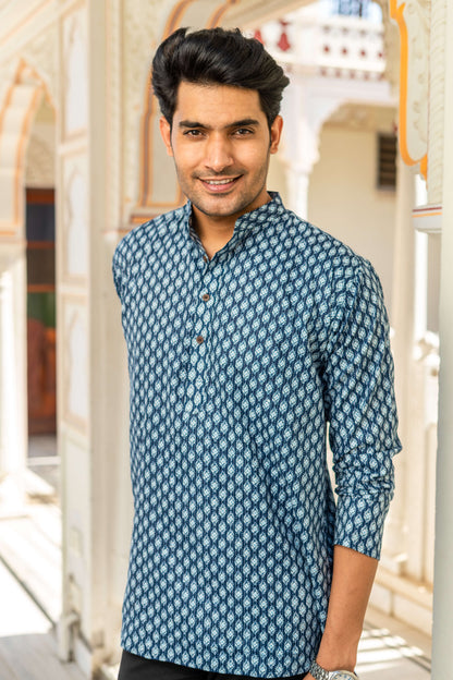 The Navy Blue Kantha Work Short Kurta With Geometric Ikat Print