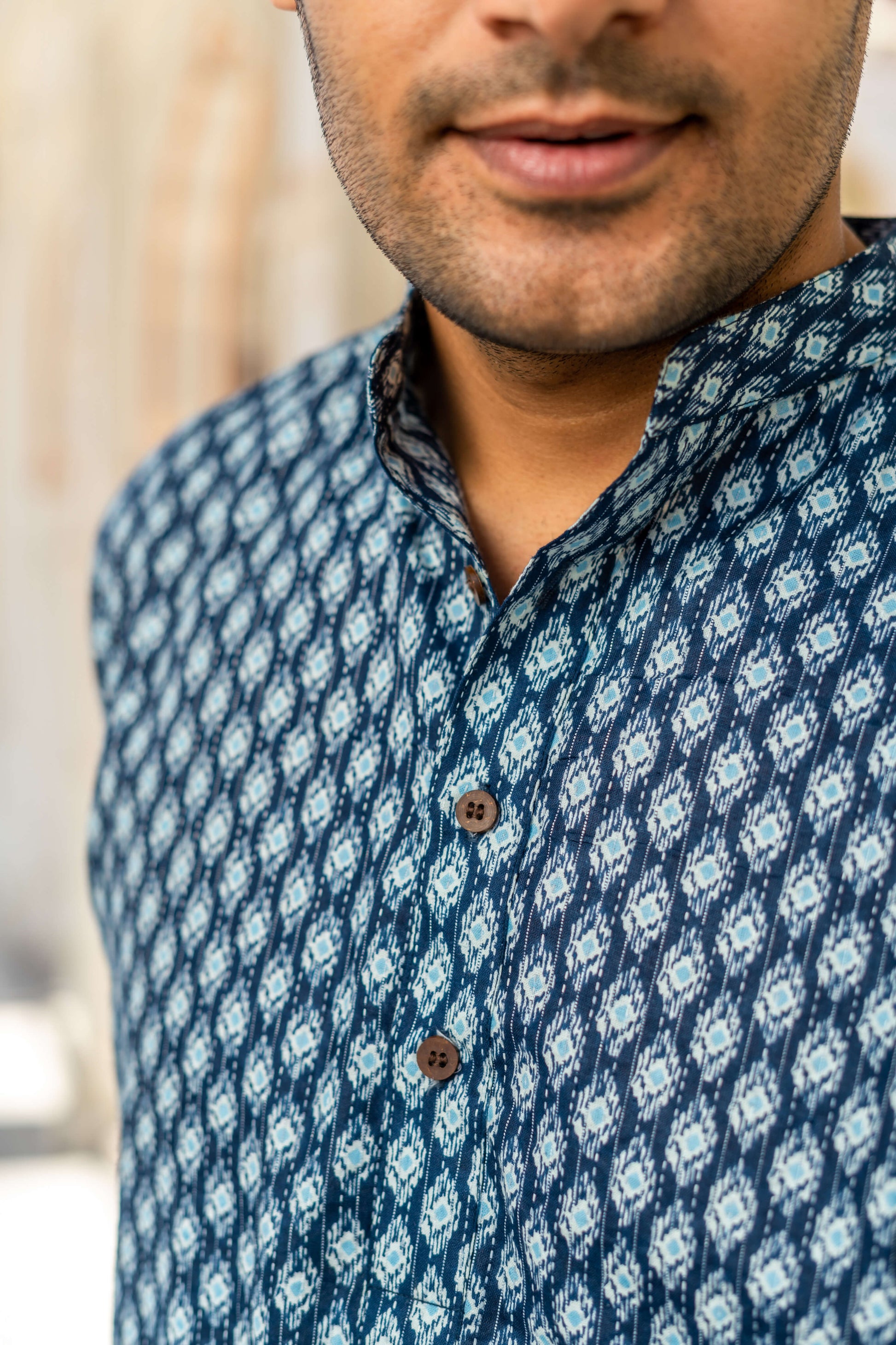 navy blue short kurta for men with geometric print