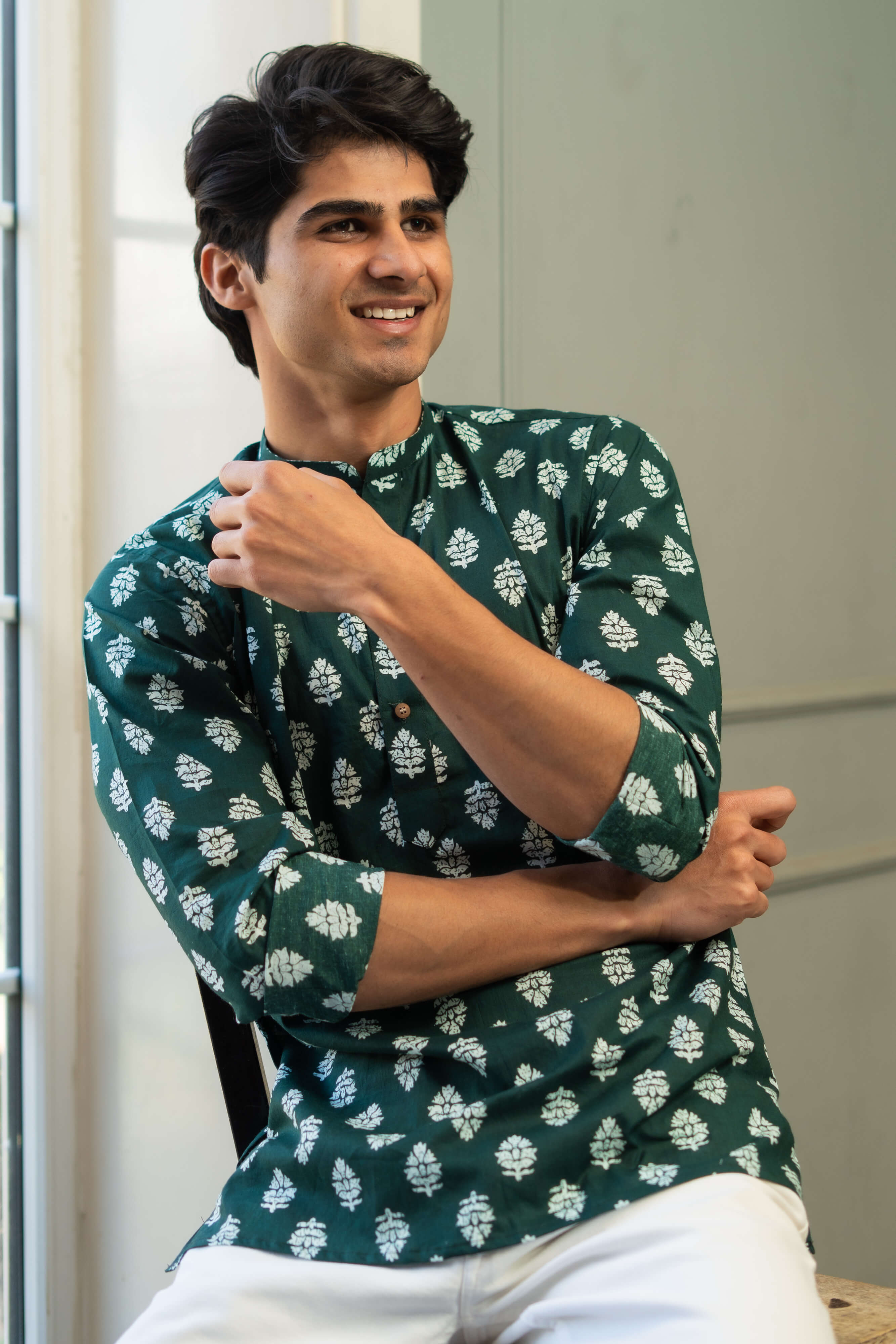 The Dark Green Short Kurta With White Flower Print