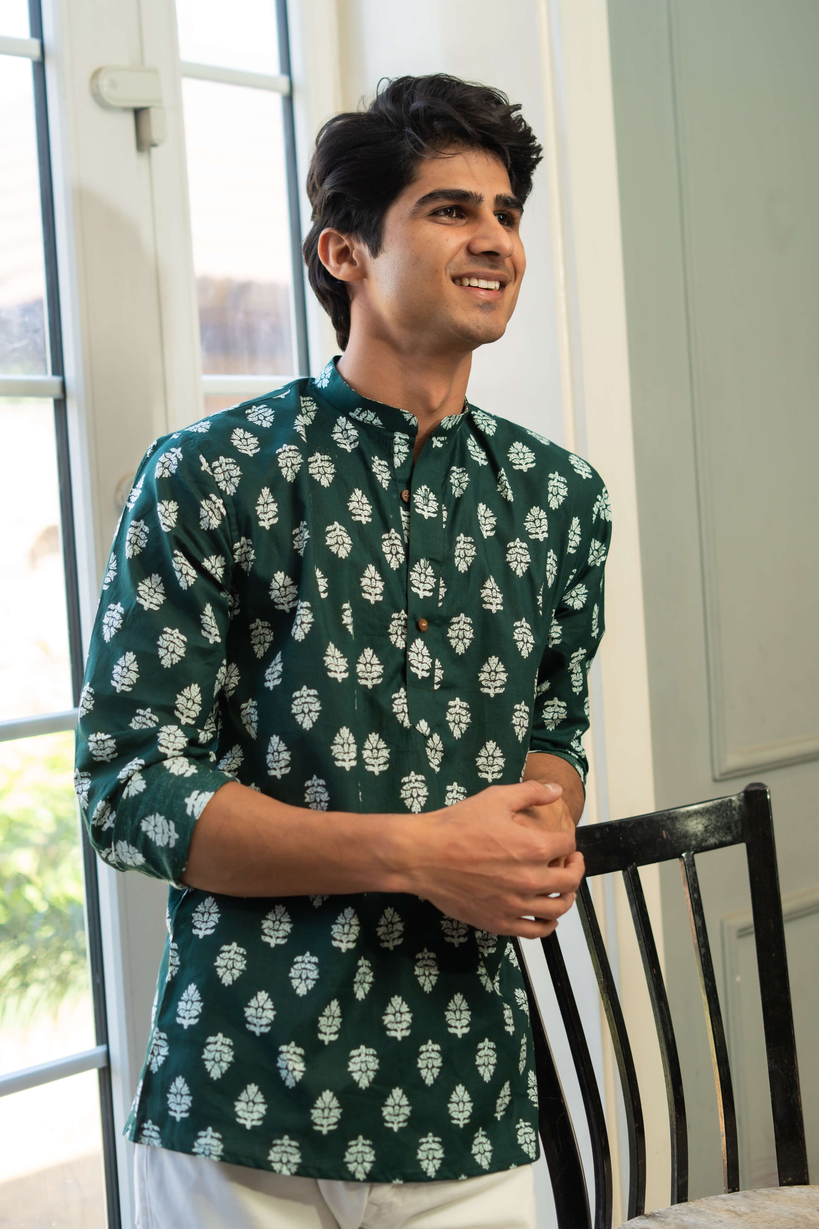 The Dark Green Short Kurta With White Flower Print