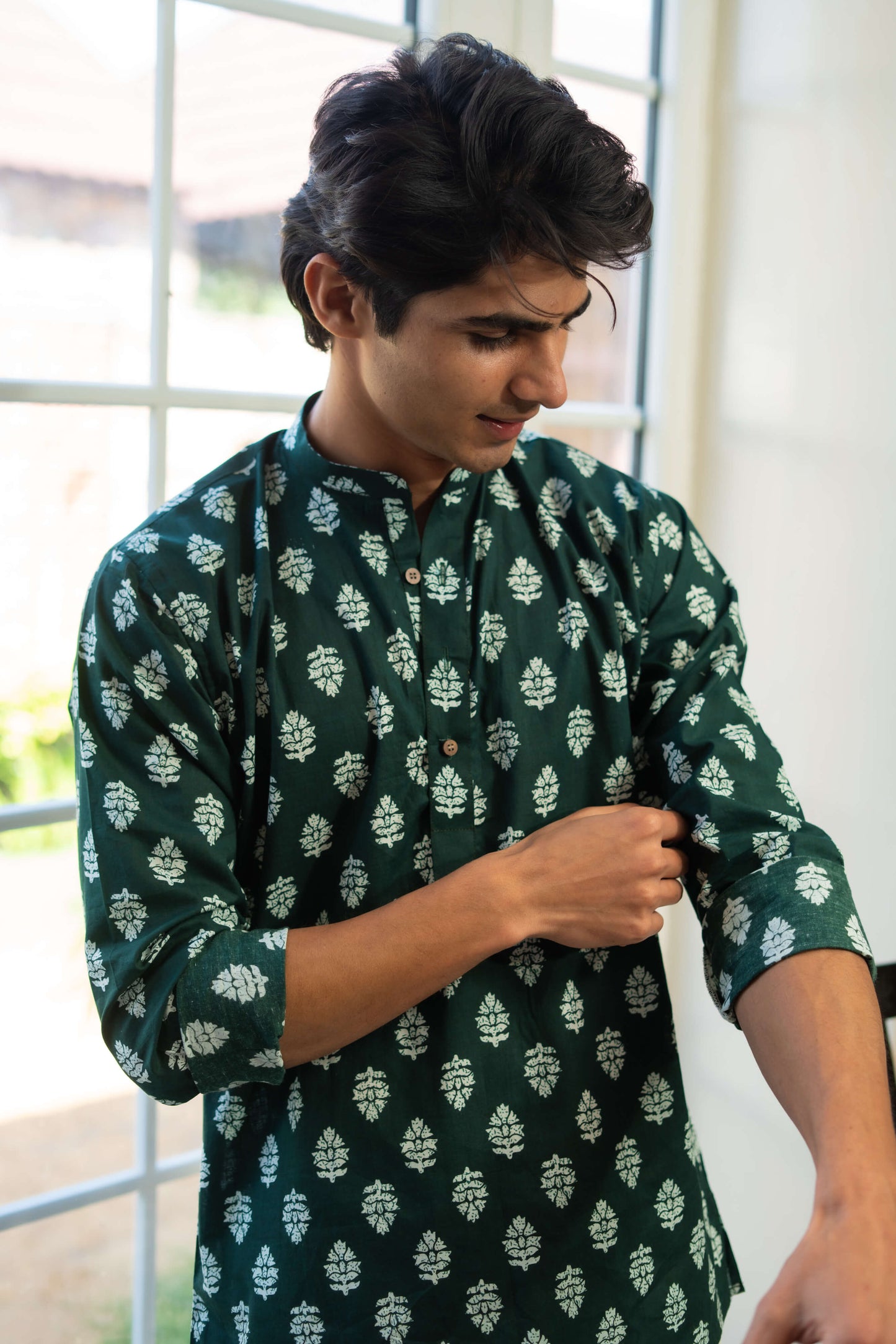 The Dark Green Short Kurta With White Flower Print