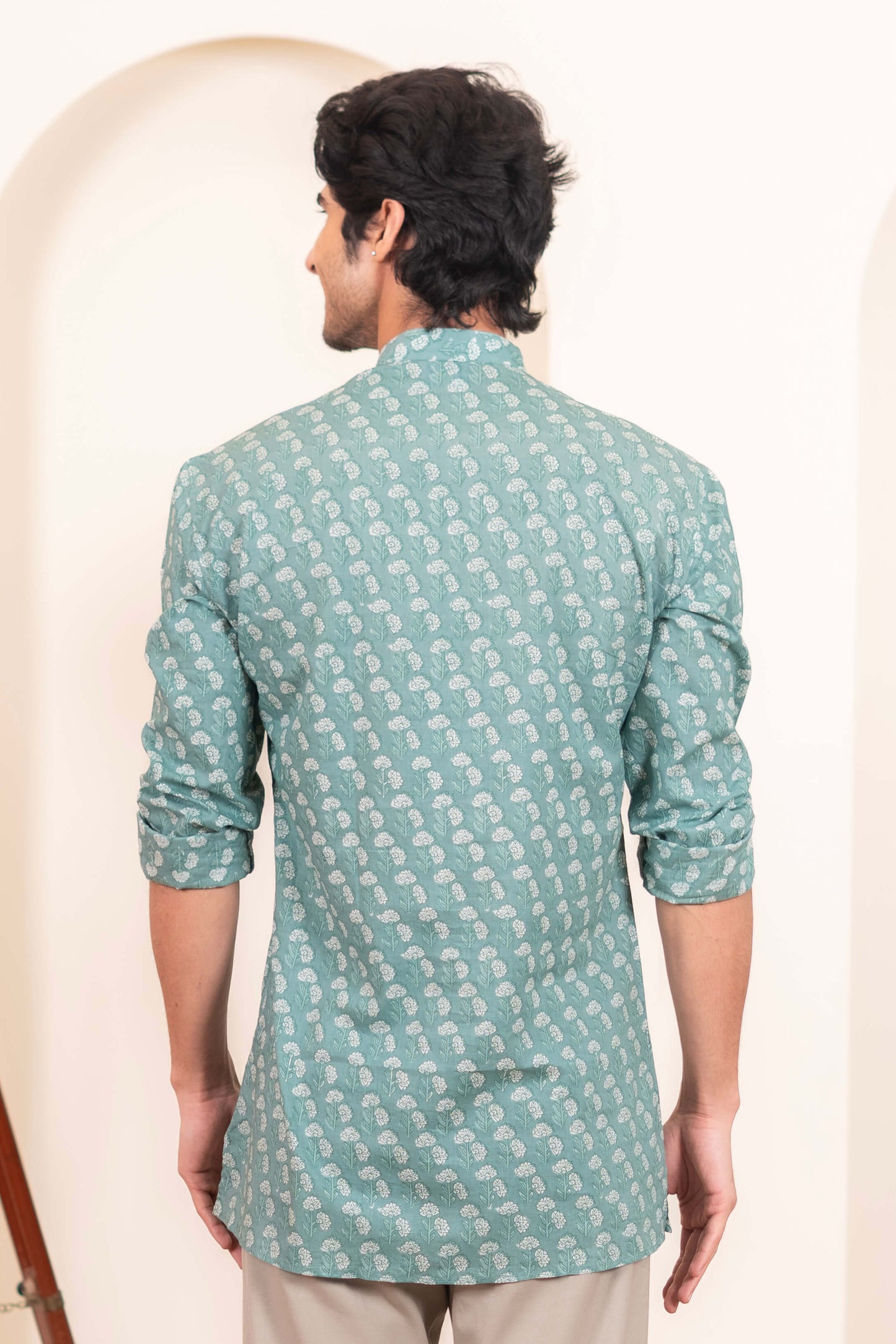 The Aqua Green Short Kurta With White Flower Print