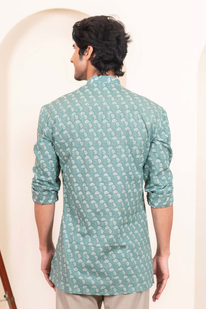 The Aqua Green Short Kurta With White Flower Print