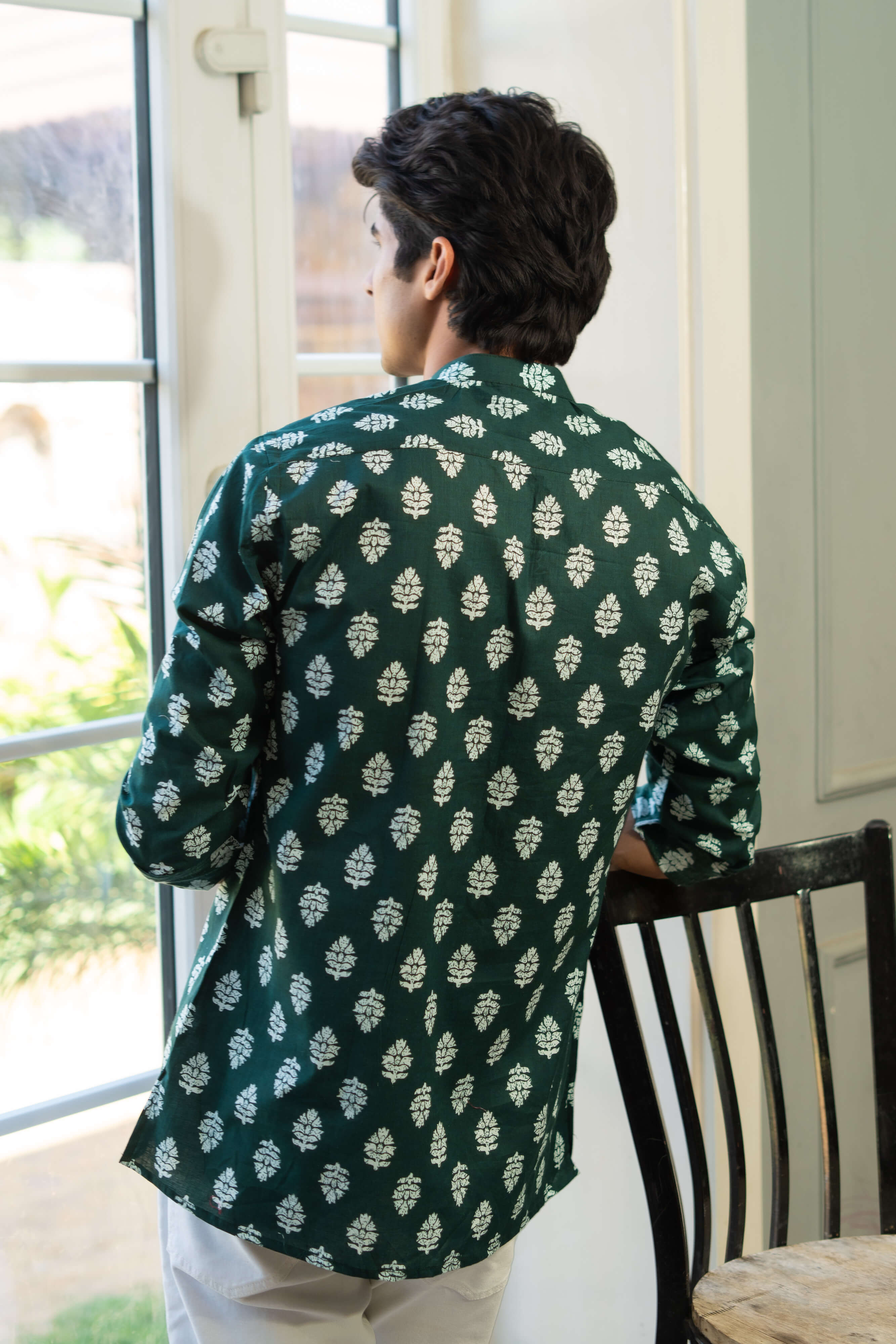 The Dark Green Short Kurta With White Flower Print