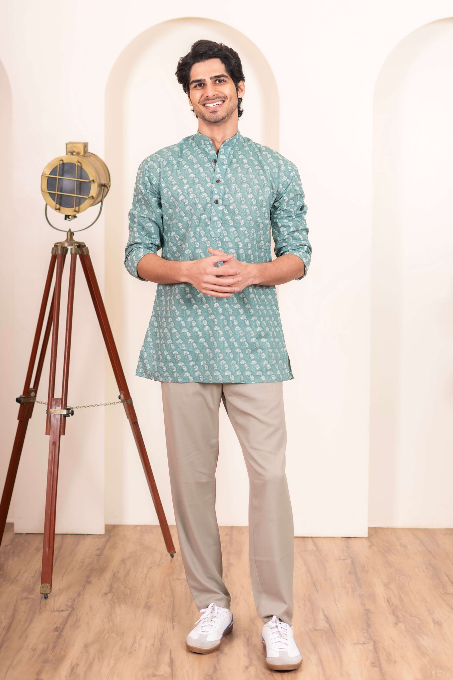 The Aqua Green Short Kurta With White Flower Print