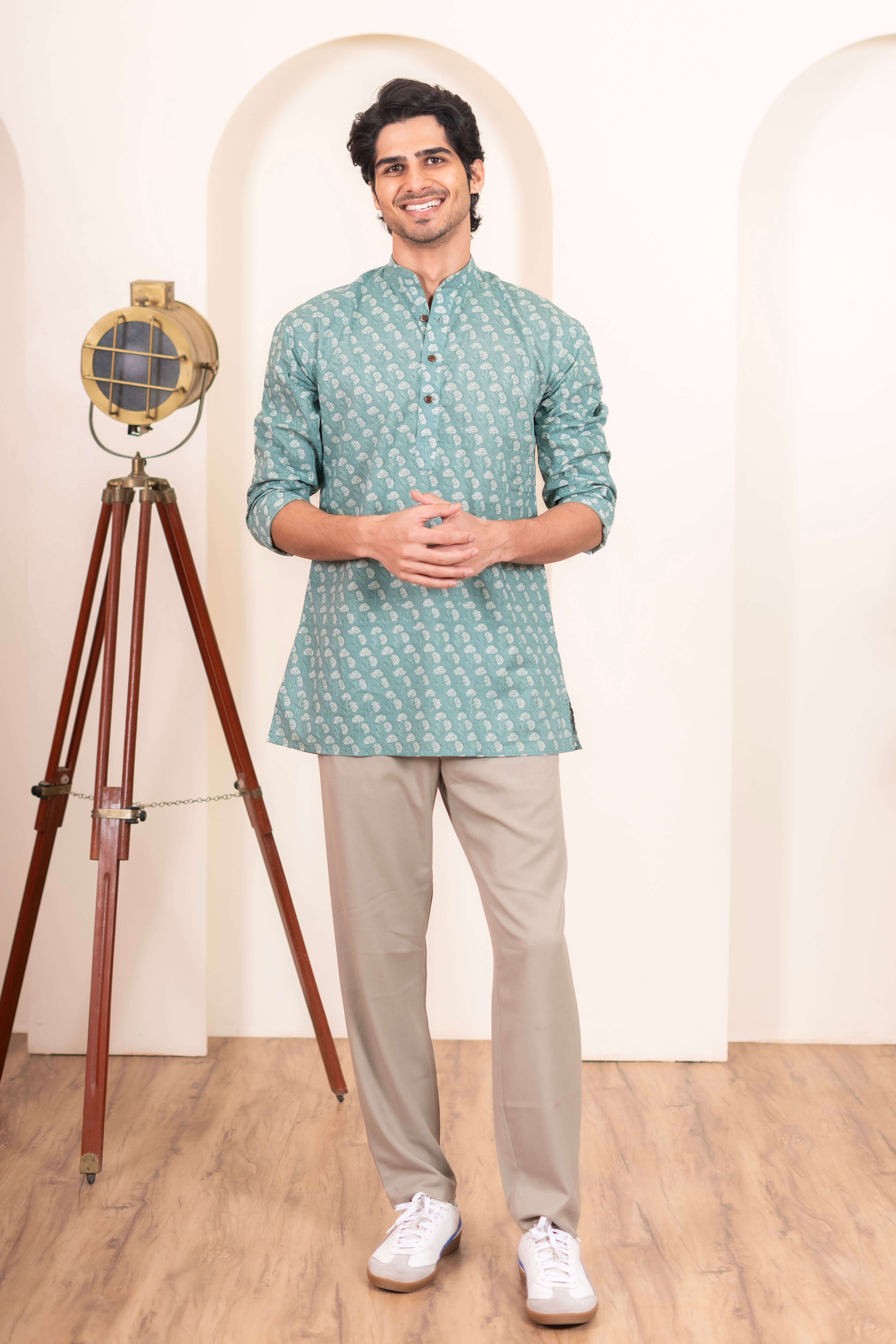 The Aqua Green Short Kurta With White Flower Print