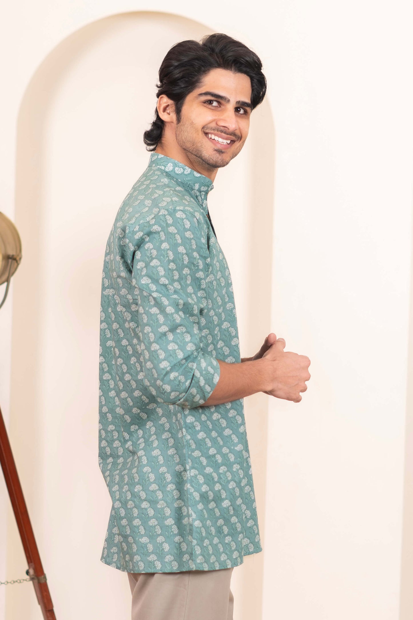 The Aqua Green Short Kurta With White Flower Print