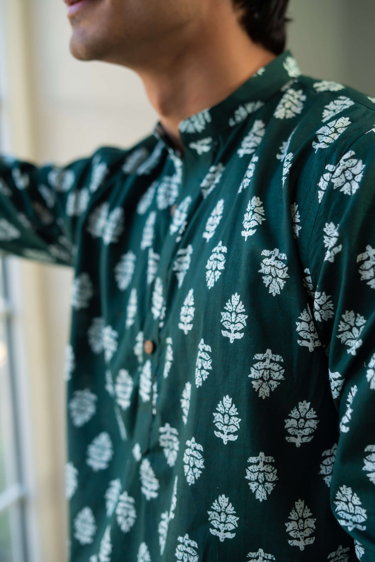 The Dark Green Short Kurta With White Flower Print