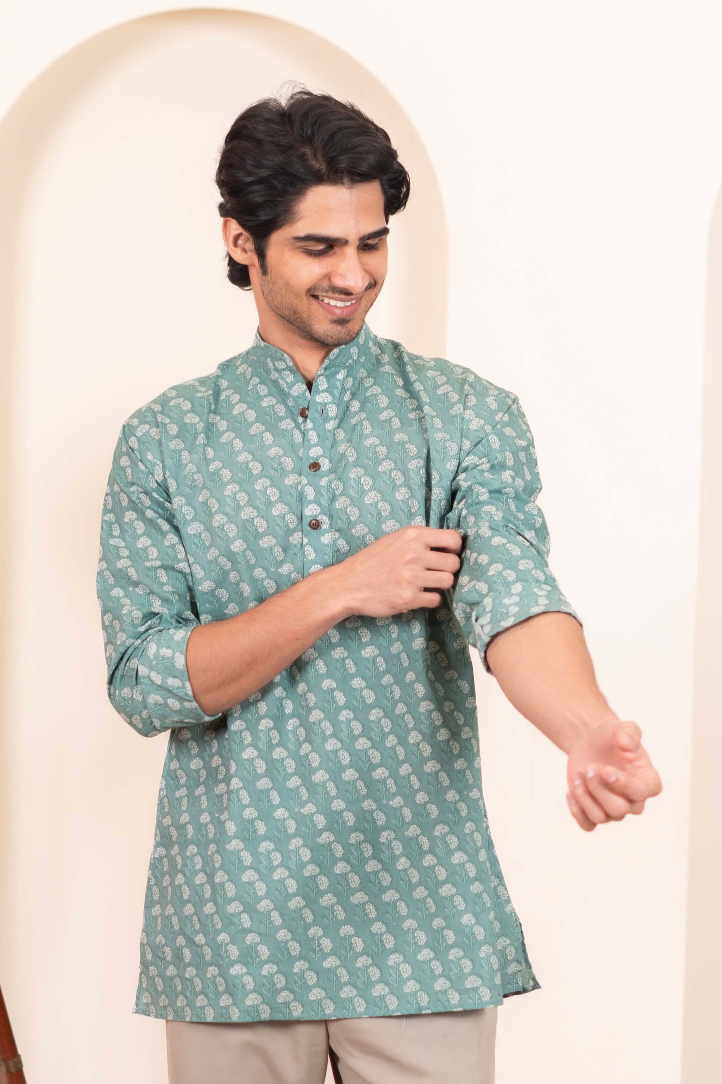 The Aqua Green Short Kurta With White Flower Print