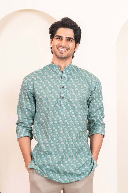 The Aqua Green Short Kurta With White Flower Print