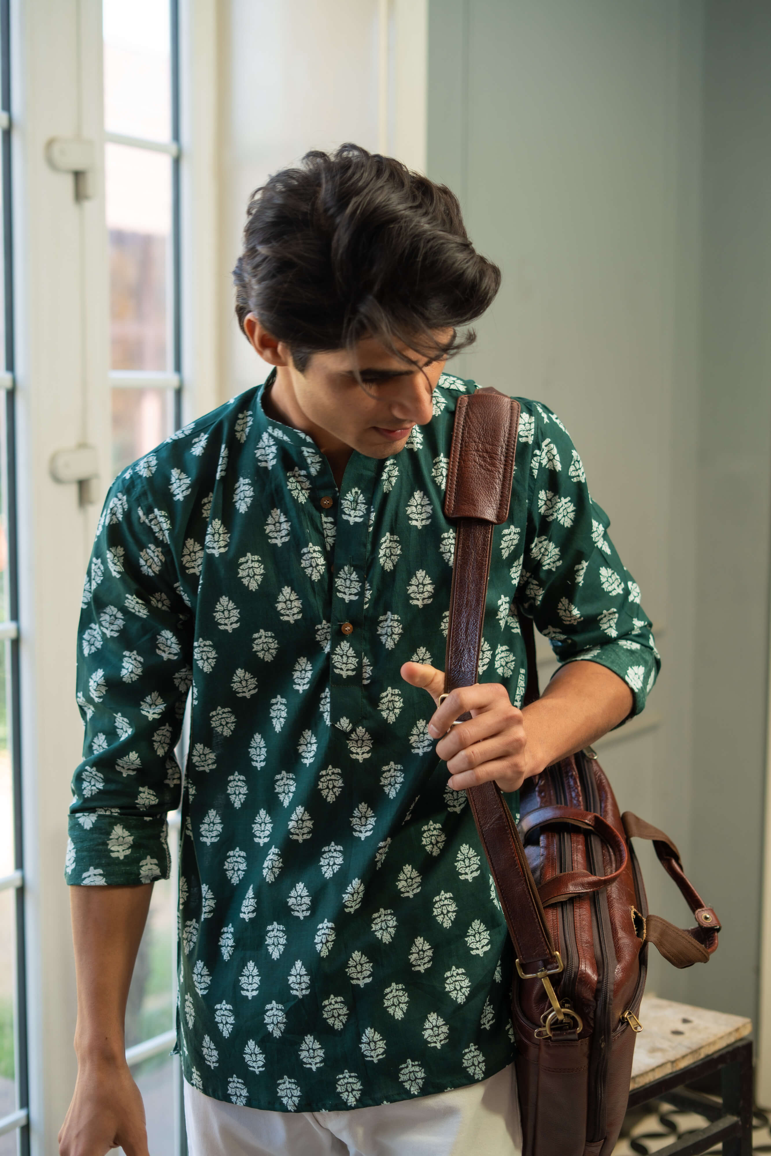 The Dark Green Short Kurta With White Flower Print